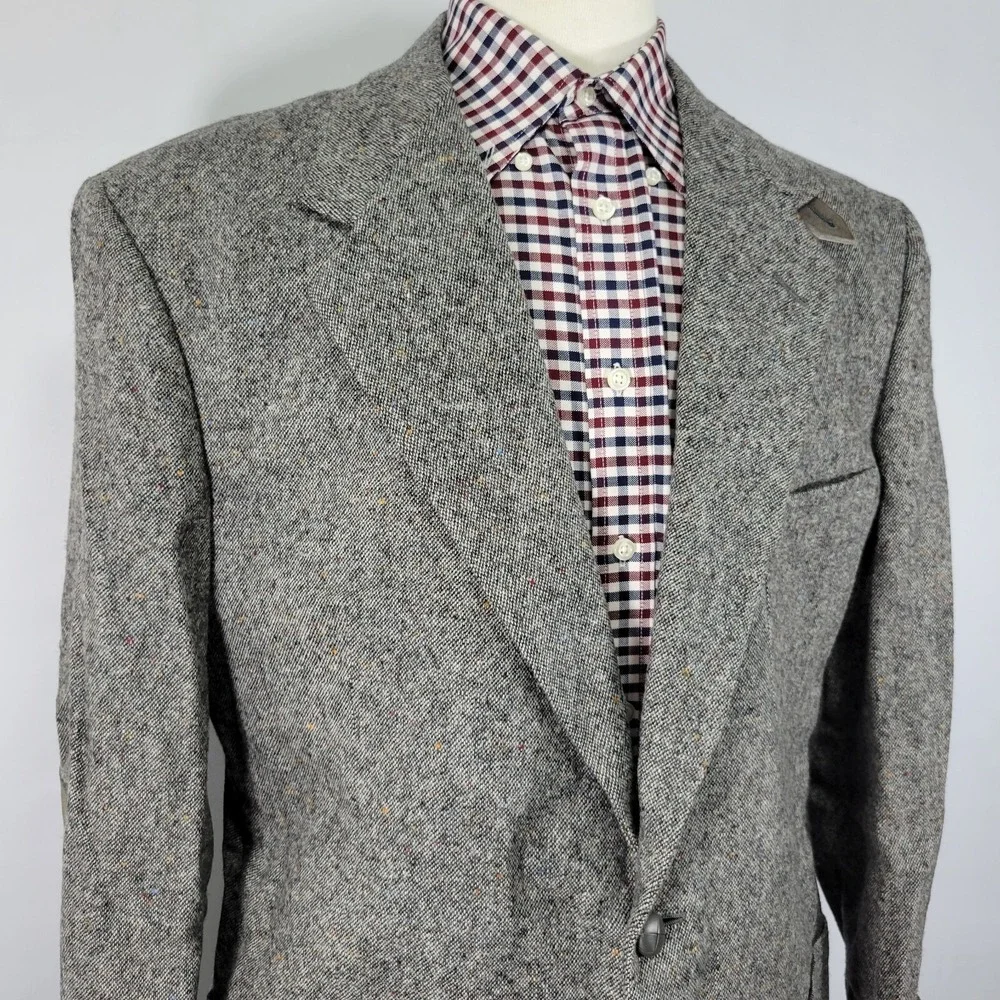 Stafford‎ Men's Tweed Sport Coat Blazer Two Button Gray Wool Elbow Patches 44L